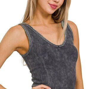 Zenana Washed Ribbed Cropped Tank Top With 2-Way Neckline